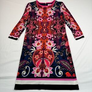 Eliza J 3/4 Sleeve Tunic Dress Womens Size 6 Navy Pink Floral Print Zip Closure